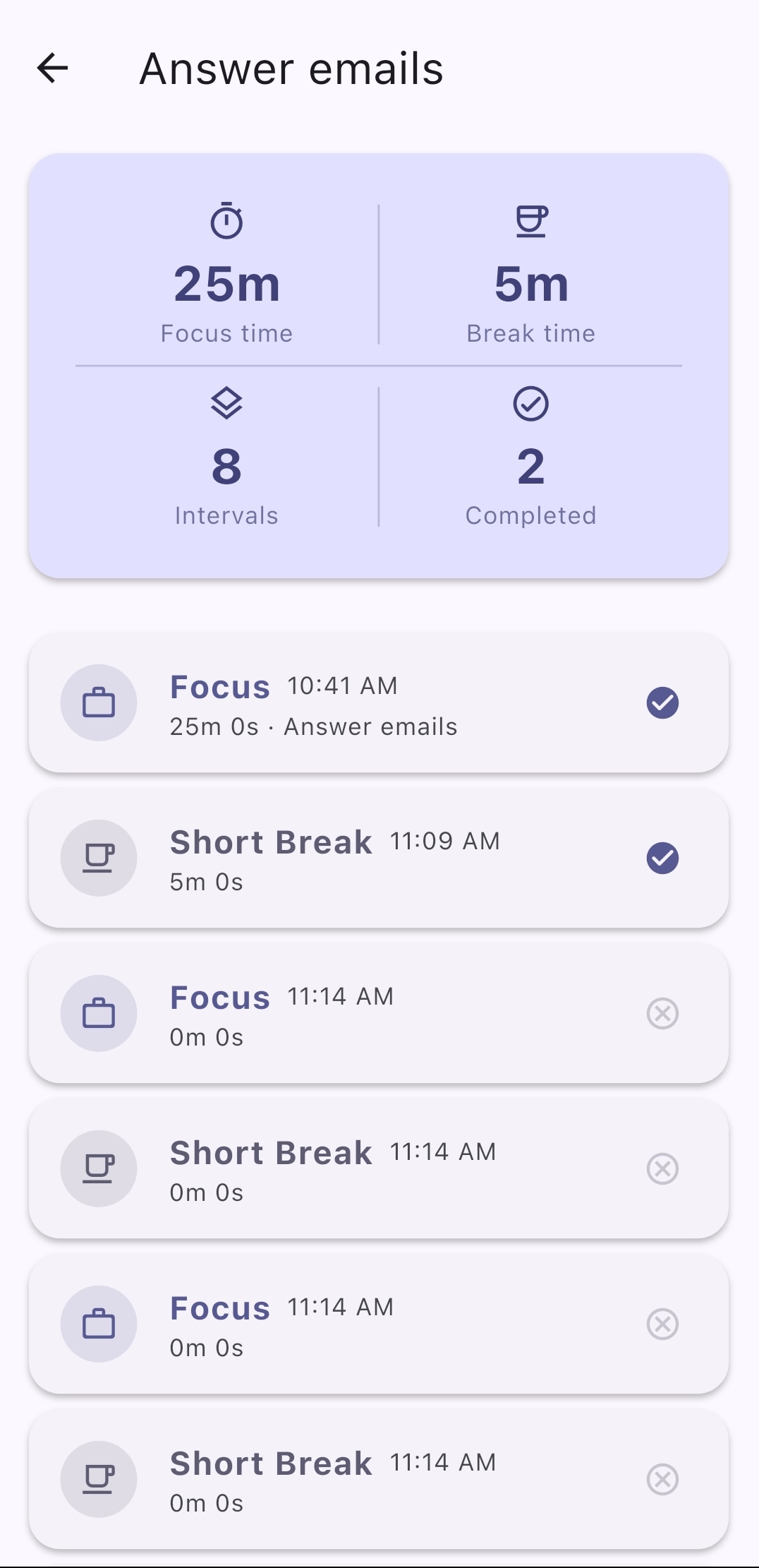 Detailed session history entry showing individual session stats